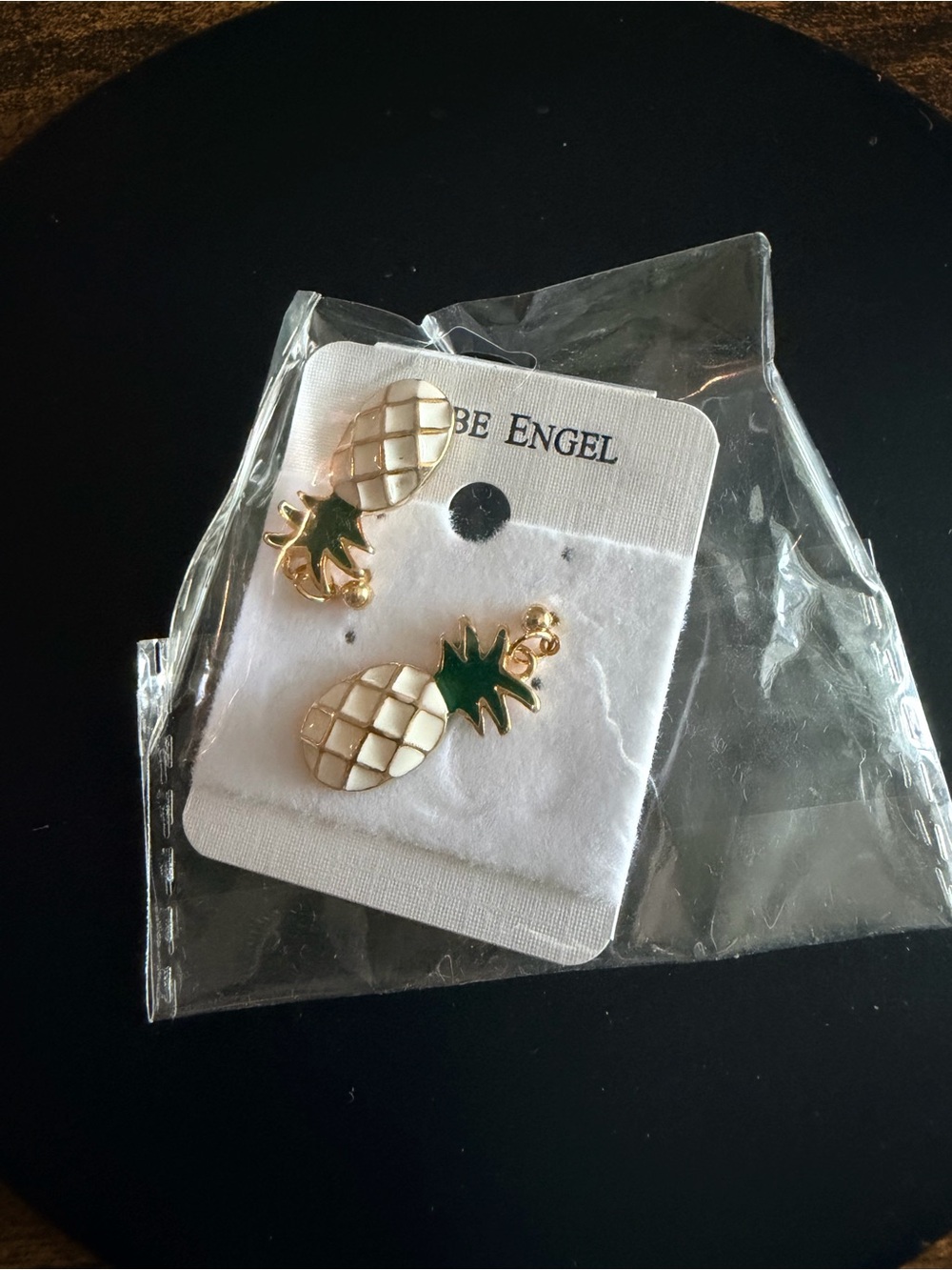 Gold Tone Pineapple Drop Earrings with Green Leaves